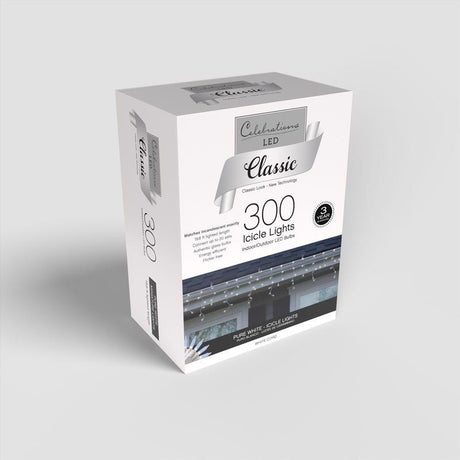Celebrations Classic LED T5 Pure White 300 ct Icicle Christmas Lights 19.6 ft.
