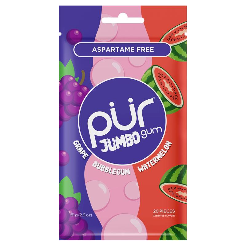 PUR Jumbo Sugar Free Grape/Bubblegum/Watermelon Chewing Gum 1 pk 2.9 oz, Pack of 10