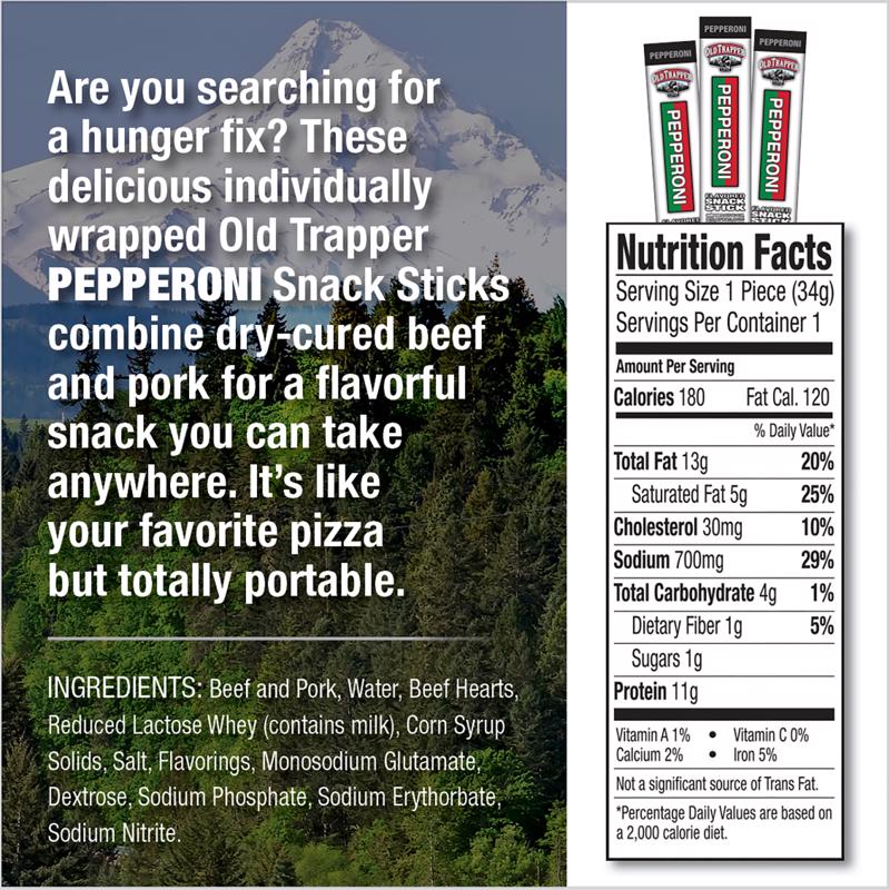 Old Trapper Pepperoni Snack Stick 1.2 oz Shrink Wrapped, Pack of 24
