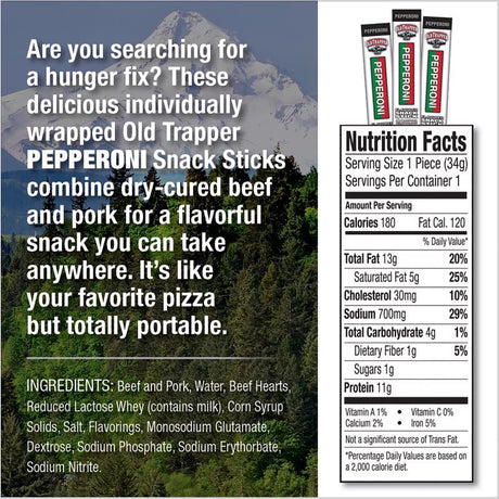 Old Trapper Pepperoni Snack Stick 1.2 oz Shrink Wrapped, Pack of 24
