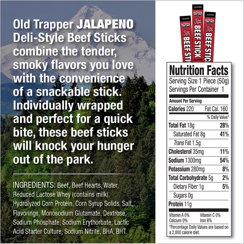 Old Trapper Jalapeno Beef Stick 1.75 oz Shrink Wrapped, Pack of 26