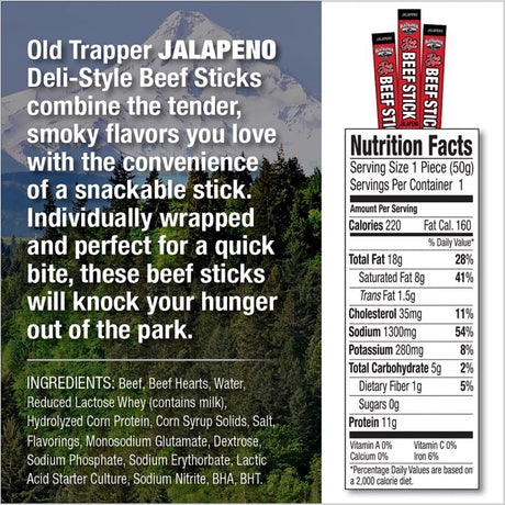Old Trapper Jalapeno Beef Stick 1.75 oz Shrink Wrapped, Pack of 26