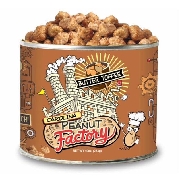 1 in 6 Snacks Carolina Peanut Factory Butter Toffee Peanuts 10 oz Can, Pack of 6