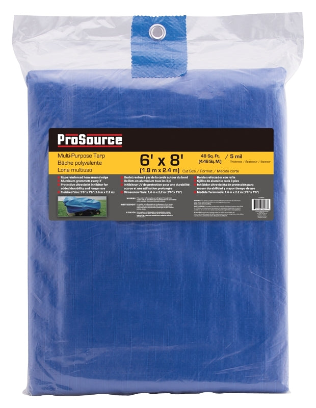 ProSource T0608BB90 Tarpaulin, 8 ft L, 6 ft W, 5 mil Thick, Polyethylene, Blue