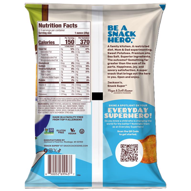 Jackson's Farmhouse Ranch Kettle Cooked Potato Chips 2.5 oz Bagged, Pack of 8