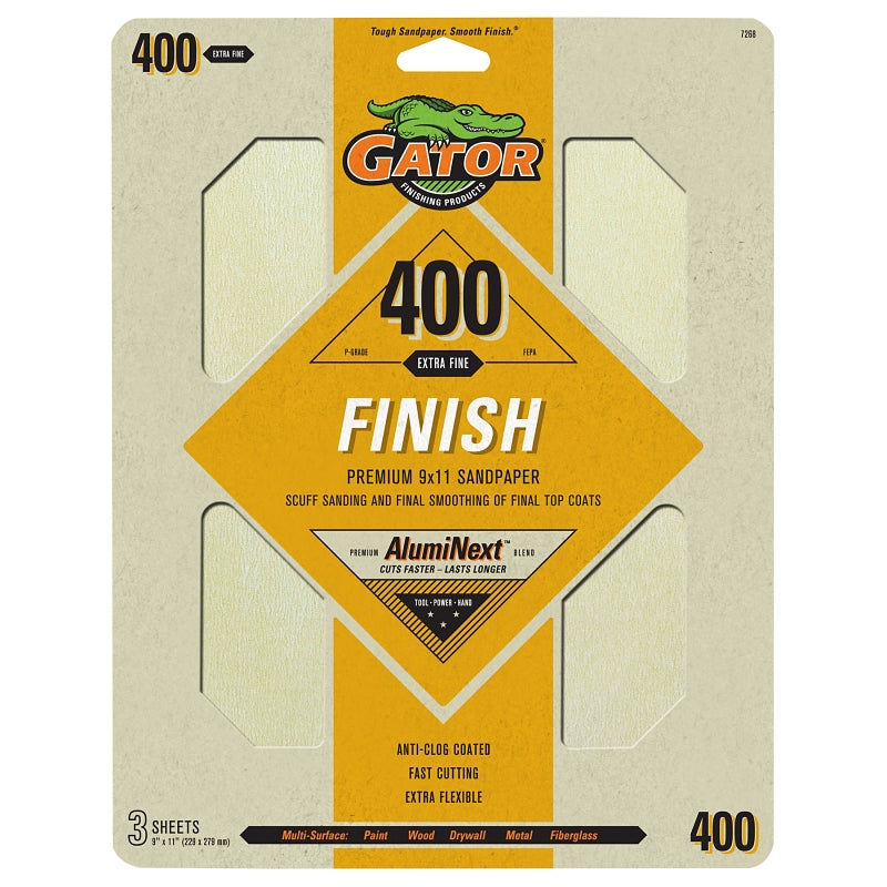 Gator 7268 Premium Sandpaper, 9 in W, 11 in L, 400 Grit, Fine, Latex Backing