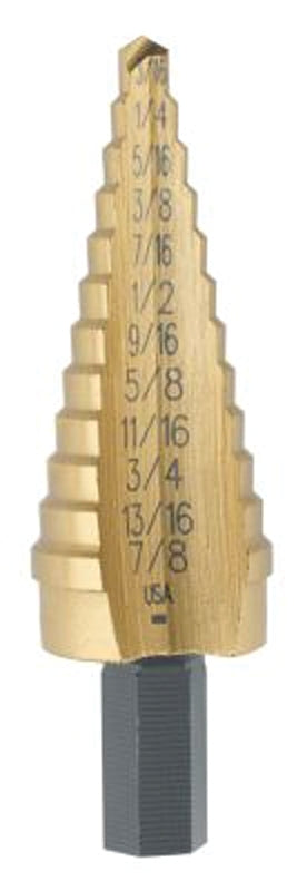 Irwin Unibit 15104 Step Drill Bit, 3/16 to 7/8 in Dia, 3 in OAL, Tree Flute, 1-Flute, 3/8 in Dia Shank, Round Shank