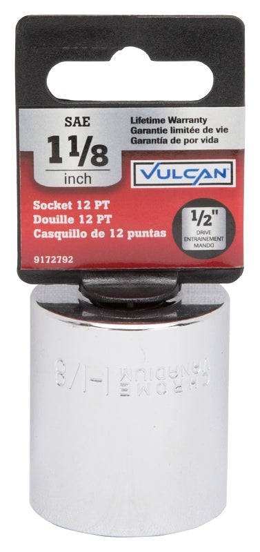 Vulcan MT6521736 Drive Socket, 1-1/8 in Socket, 1/2 in Drive, 12-Point, Chrome Vanadium Steel, Chrome