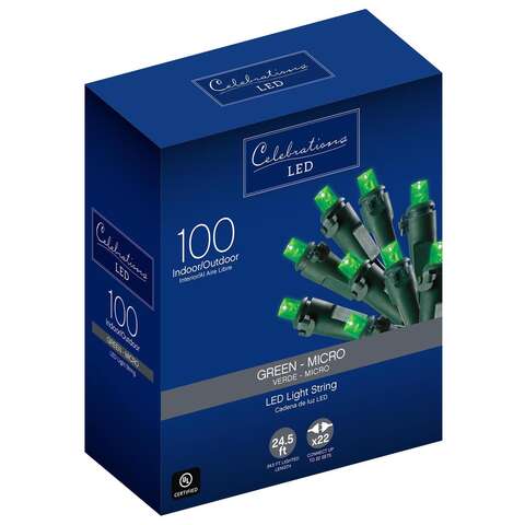 Celebrations Blue LED Micro/5mm Green 100 ct String Christmas Lights 24.5 ft.