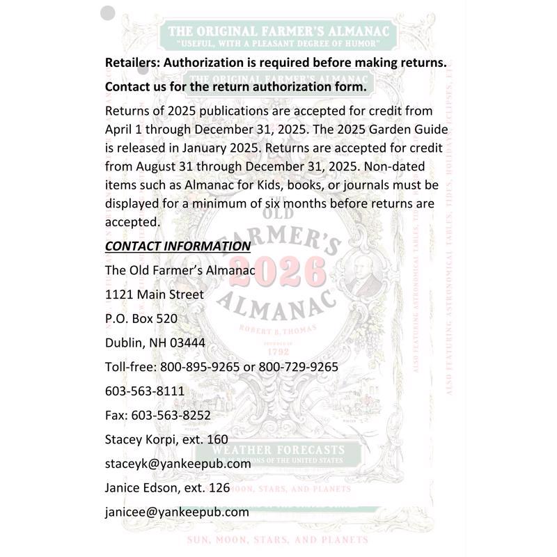 The Old Farmer's Almanac Yankee Publishing Gardening Calendar 2026 Calendar, Pack of 20