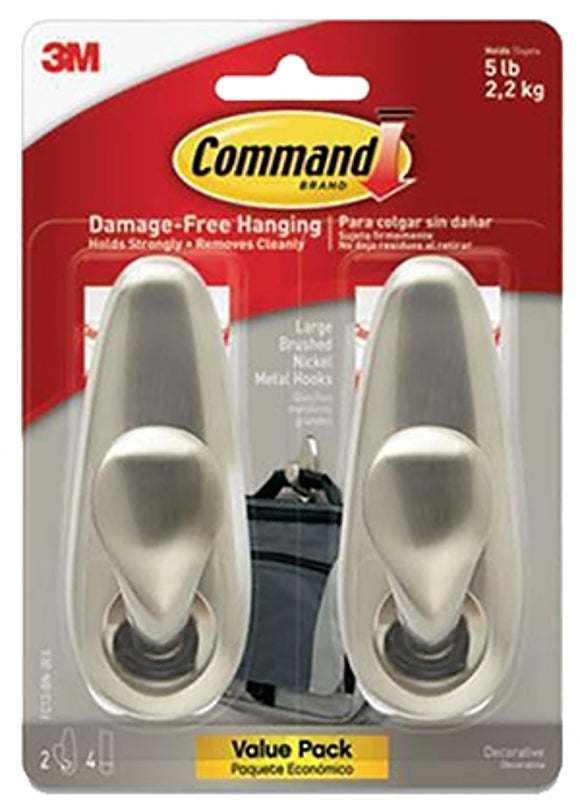 Command Forever Classic Series FC13-BN-2ES Large Decorative Hook, Metal, Brushed Nickel, 5 lb