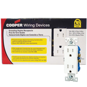 Eaton Wiring Devices TR1107W10 Duplex Receptacle, Nylon, White, 2-Pole, 15 A, 125 V, Push-in, Side Wiring, NEMA: 5-15R