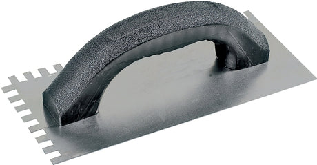 M-D 49102 Economy Notch Trowel, 9 in L, 4 in W, Square Notch, Ergonomic Handle, Black Handle