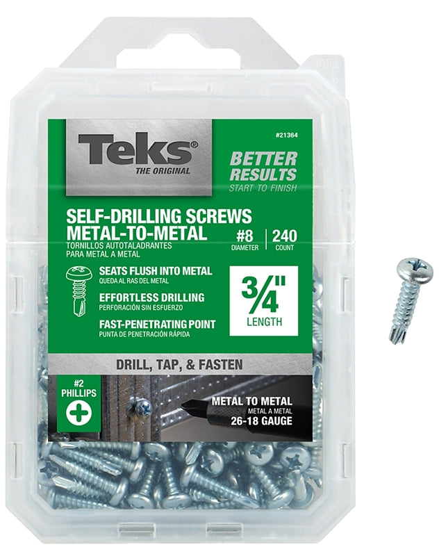 Teks 21364 Screw, #8 Thread, 3/4 in L, Coarse Thread, Pan Head, Phillips Drive, Self-Drilling, Self-Tapping Point, Steel