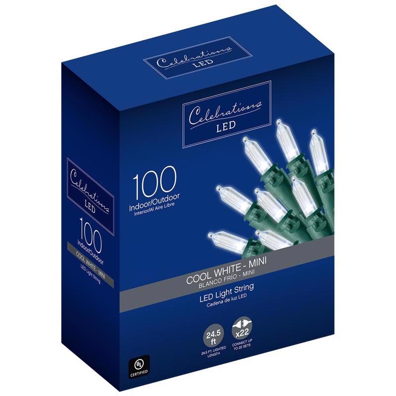 Celebrations Blue LED Mini Cool White 100 ct String Christmas Lights 24.5 ft., Pack of 12