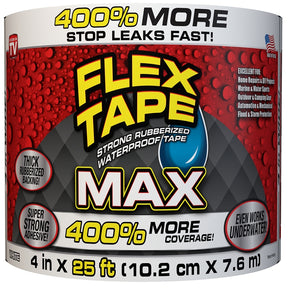 Flex Tape TFSMAXWHT04 Tape, 25 ft L, 4 in W, Rubber Backing, White