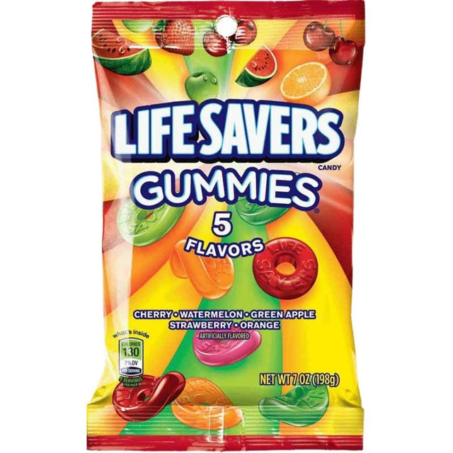 Lifesavers 402254 Gummi Candy, Cherry, Green Apple, Orange, Strawberry, Watermelon, 7 oz, Pack of 12