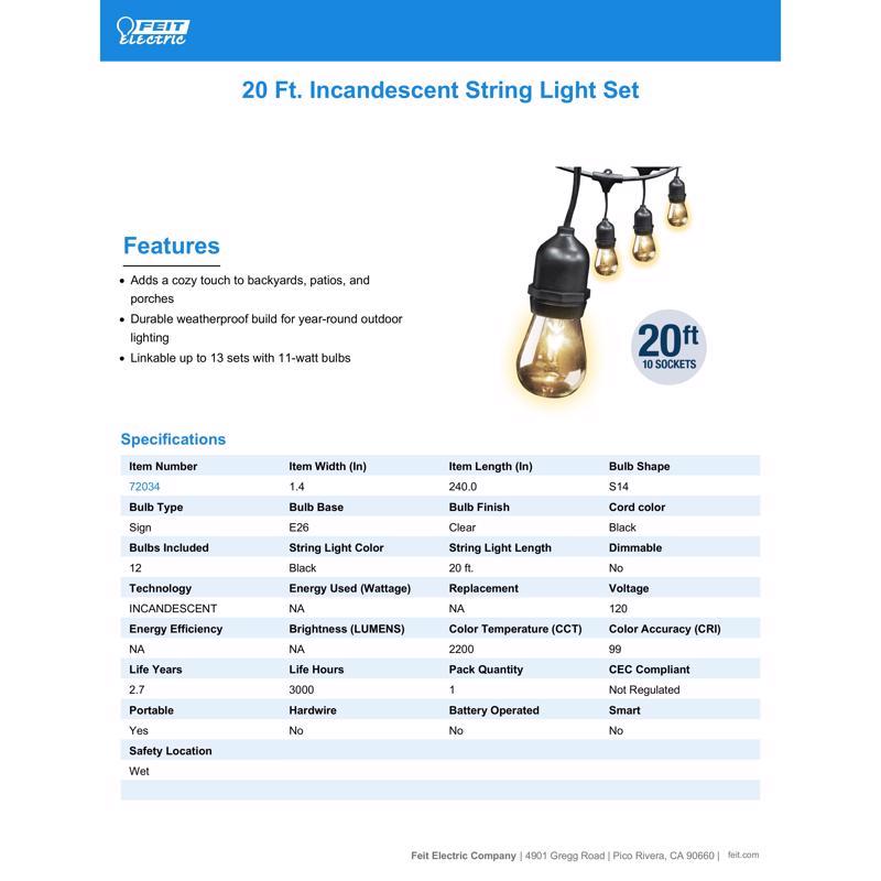 Feit Incandescent String Light Set Clear 20 ft. 10 lights