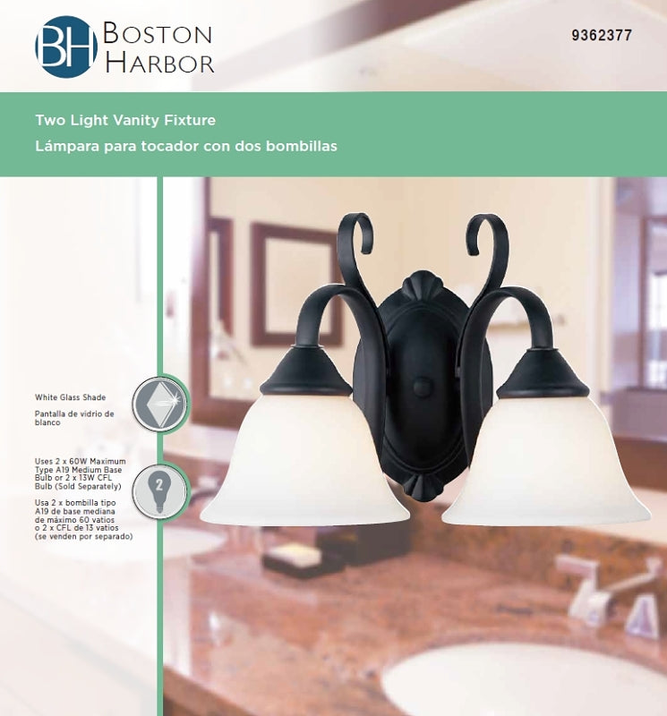 Boston Harbor F3-2W Two Light Vanity Fixture, 120 V, 60 W, A19 or CFL Lamp, Steel Fixture, Matte Black Fixture