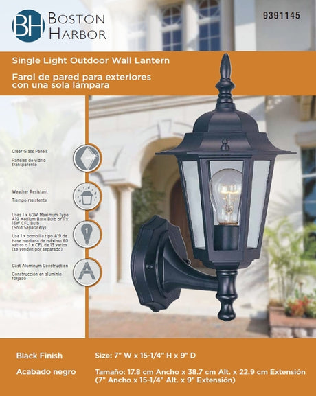 Boston Harbor AL8041-5 Outdoor Lantern, 120 V, 60 W, CFL Lamp, Aluminum Fixture, Black