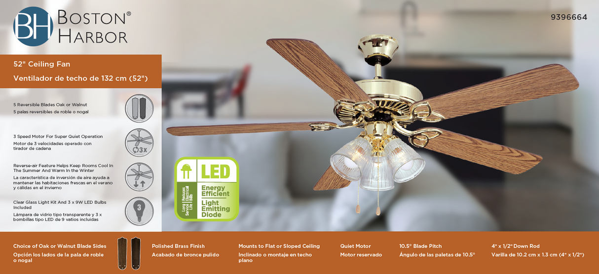 Boston Harbor CF-78043 Ceiling Fan Light Kit, 5-Blade, Oak/Walnut Blade, 52 in Sweep, 3-Speed, With Lights: Yes
