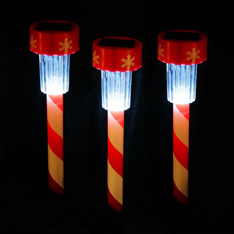 Alpine LED Cool White Solar Powered Lighted Candy Cane Stake 14 in. Pathway Decor, Pack of 48