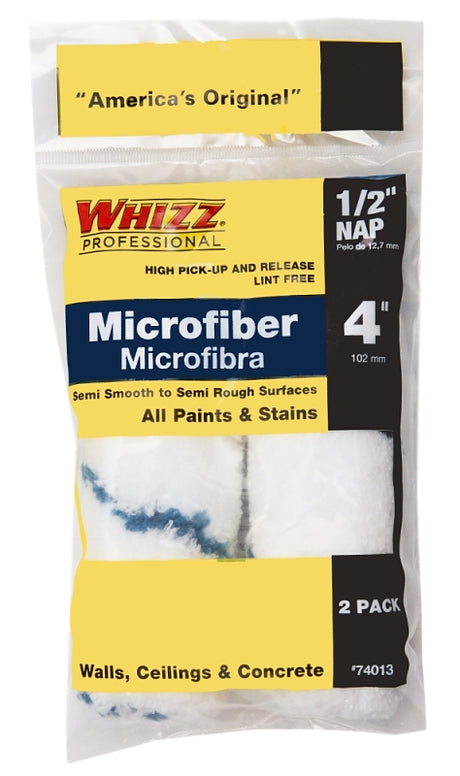 Whizz 74013 Mini Roller Cover, 1/2 in Thick Nap, 4 in L, Microfiber Cover, 2/PK