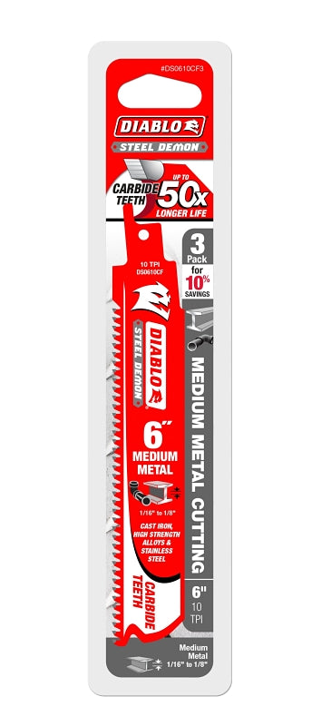 Diablo DS0610CF3 Series Reciprocating Saw Blade, Applicable Materials: Metal, 6 in L, 10 TPI, Carbide Cutting Edge, 3/PK