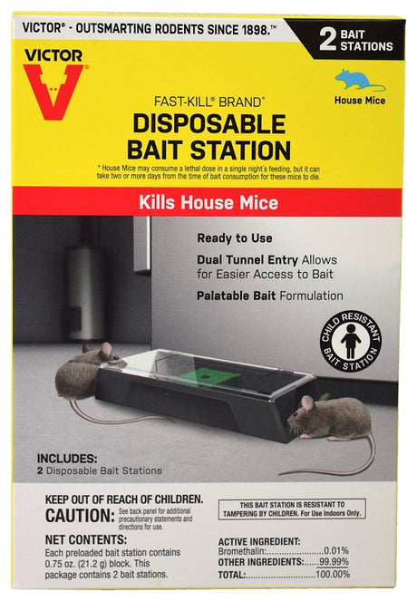 Victor M914 Mouse Bait Station, Includes: (2) Disposable Bait Stations, 2-Opening, Plastic, 2/PK