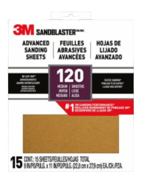 3M SandBlaster Series 30120ES-15-G Sandpaper, 11 in L, 9 in W, 120 Grit, Medium, Aluminum Oxide Abrasive, 15/PK