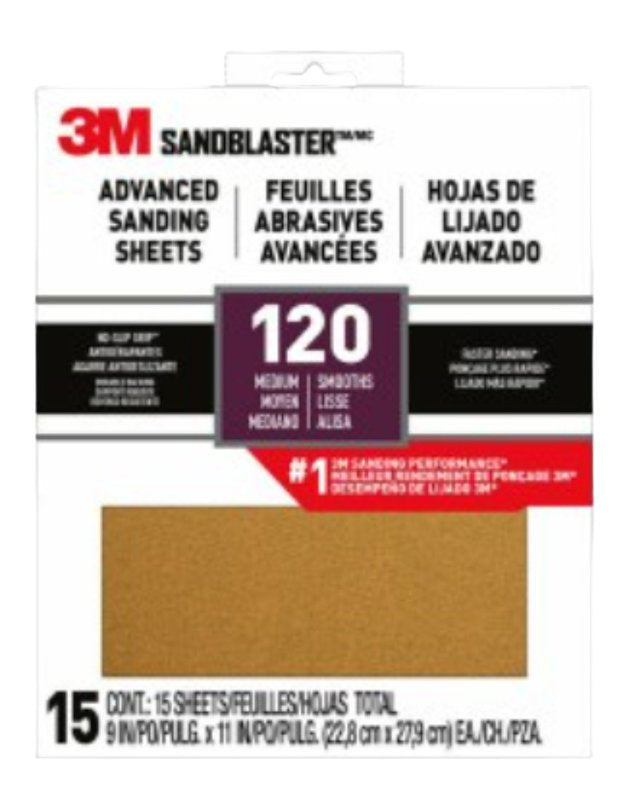 3M SandBlaster Series 30120ES-15-G Sandpaper, 11 in L, 9 in W, 120 Grit, Medium, Aluminum Oxide Abrasive, 15/PK