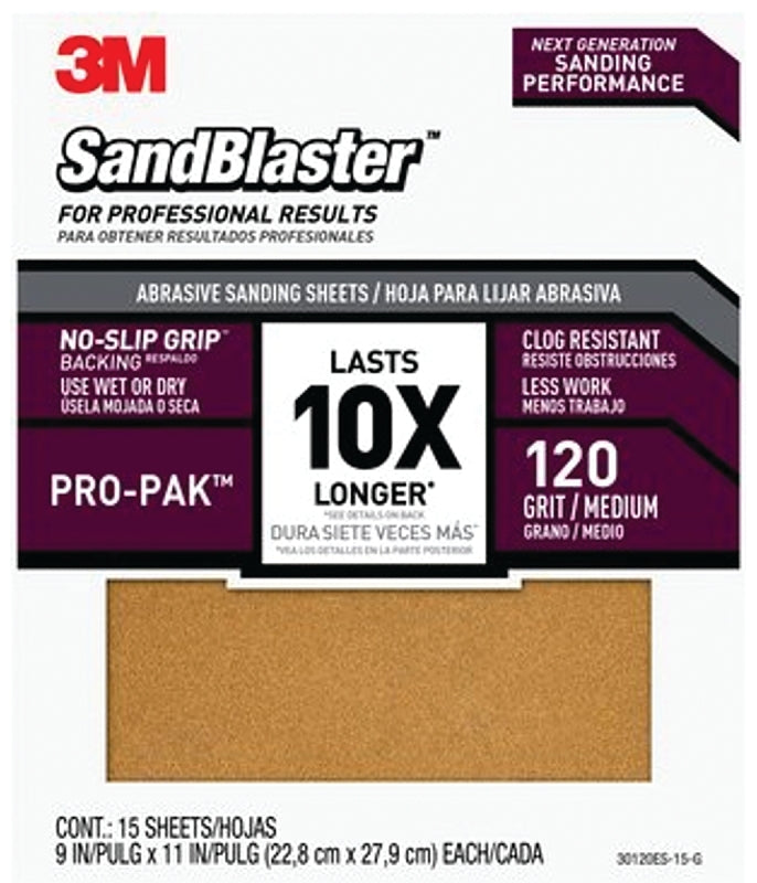 3M SandBlaster Series 30120ES-15-G Sandpaper, 11 in L, 9 in W, 120 Grit, Medium, Aluminum Oxide Abrasive, 15/PK