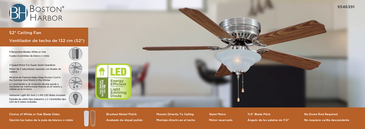 Boston Harbor CF-B-652+1F242SN Hugger Ceiling Fan, 5-Blade, Oak/Walnut Blade, 52 in Sweep, MDF Blade, 3-Speed