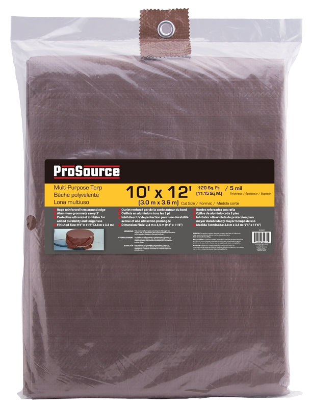 ProSource T1012BR90 Tarpaulin, 12 ft L, 10 ft W, 5 mil Thick, Polyethylene, Brown