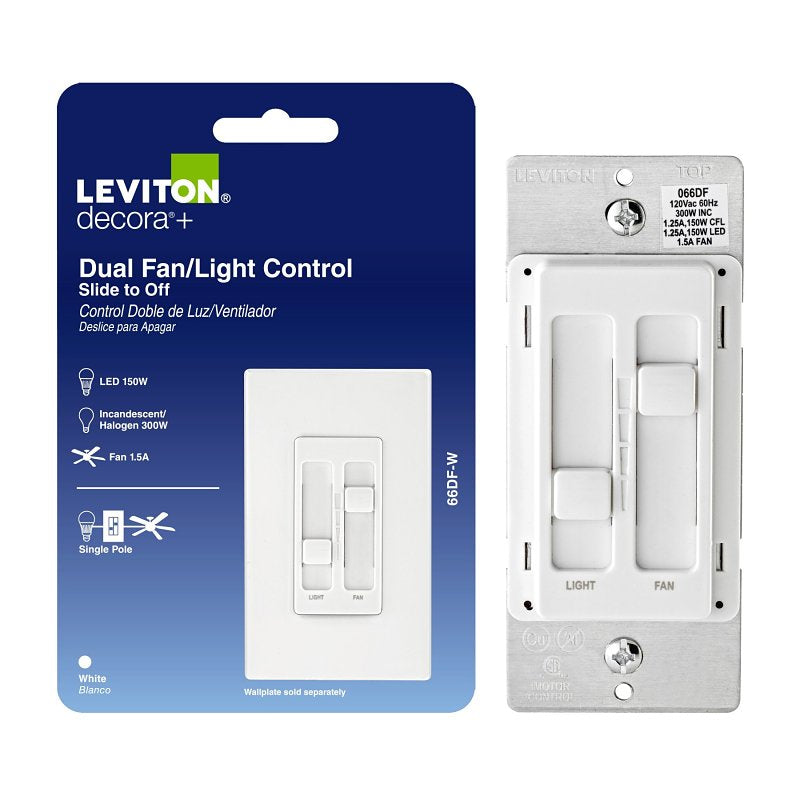 Decora R02-066DF-00W Slide Fan and Light Dimmer Switch, 1.5 A, 120 V, 300, 150 W, White