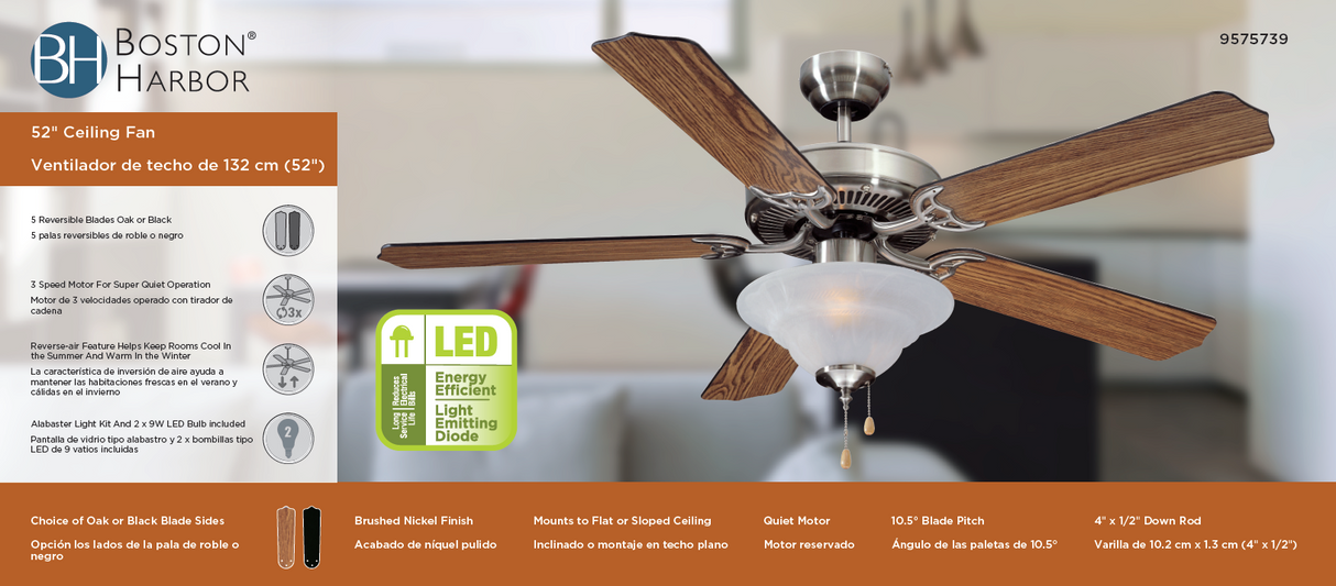 Boston Harbor CF-B552+1F242SN Ceiling Fan, 5-Blade, Black/Oak Blade, 52 in Sweep, MDF Blade, 3-Speed