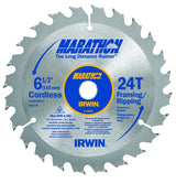 Irwin Marathon 14029 Circular Saw Blade, 6-1/2 in Dia, 5/8 in Arbor, 24-Teeth, Carbide Cutting Edge