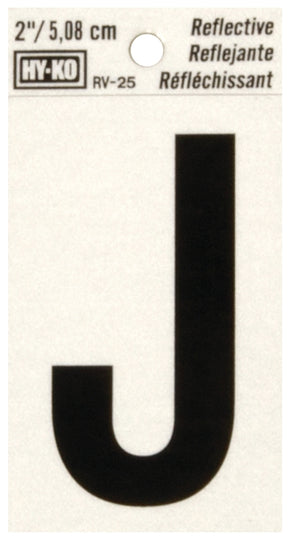 Hy-Ko RV-25 Series RV-25/J Self-Adhesive Reflective Letter, Character: J, 2 in H Character, Black Character, Vinyl, Pack of 10