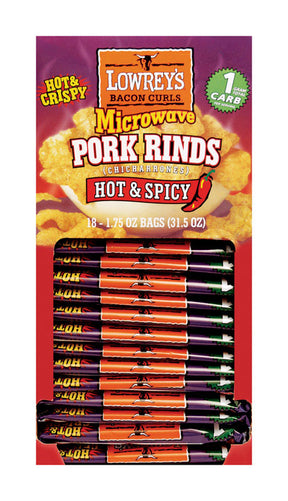 Lowrey's Hot and Spicy Microwave Pork Rinds 1.75 oz Packet, Pack of 18