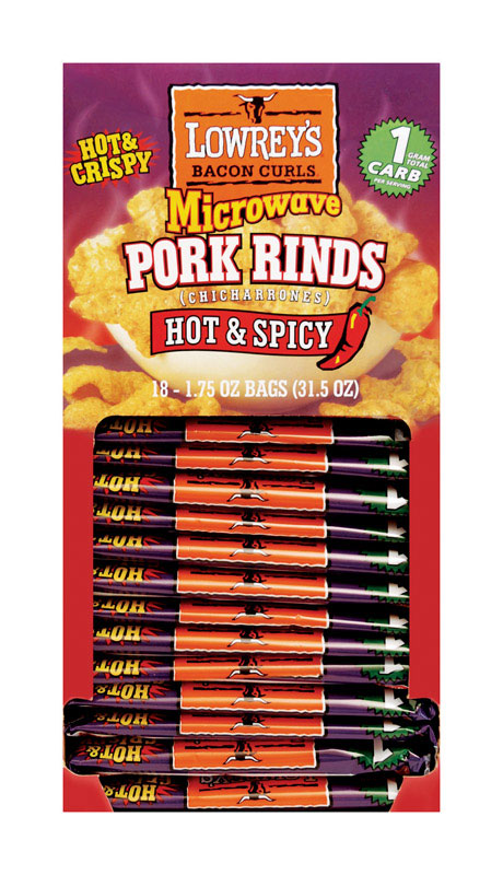 Lowrey's Hot and Spicy Microwave Pork Rinds 1.75 oz Packet, Pack of 18