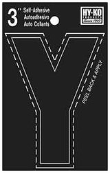 Hy-Ko 30400 Series 30435 Self-Stick Die-Cut Letter, Character: Y, 3 in H Character, Black Character, Vinyl, Pack of 10