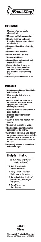 Frost King DAT39H Top Threshold, 36 in L, 3-1/2 in W, Aluminum/Vinyl, Silver