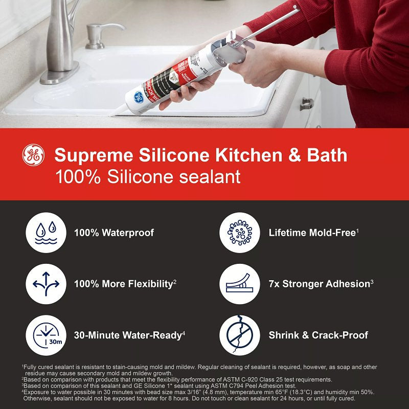 GE Supreme Silicone 2822051 Kitchen & Bath Sealant, Clear, 24 hr Curing, 10.1 fl-oz Cartridge, Pack of 12