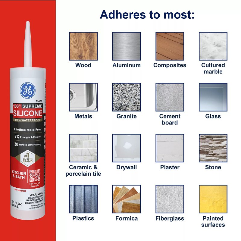 GE Supreme Silicone 2822051 Kitchen & Bath Sealant, Clear, 24 hr Curing, 10.1 fl-oz Cartridge, Pack of 12