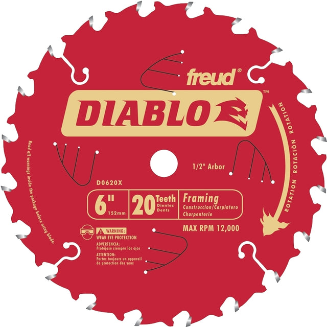 Diablo D0620X Framing Saw Blade, 6 in Dia, 1/2 in Arbor, 20-Teeth, Carbide Cutting Edge