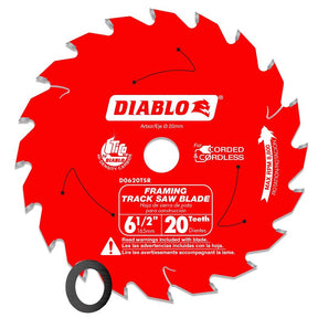 Diablo D0620TSR Track Saw Blade, 6-1/2 in Dia, 20 mm Arbor, 20-Teeth, Carbide Cutting Edge