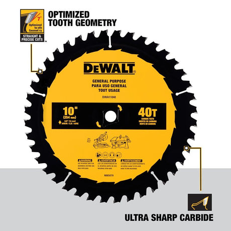DEWALT DWA11040 General-Purpose Circular Saw Blade, 10 in Dia, 5/8 in Arbor, 40-Teeth, Wood Cutting Edge
