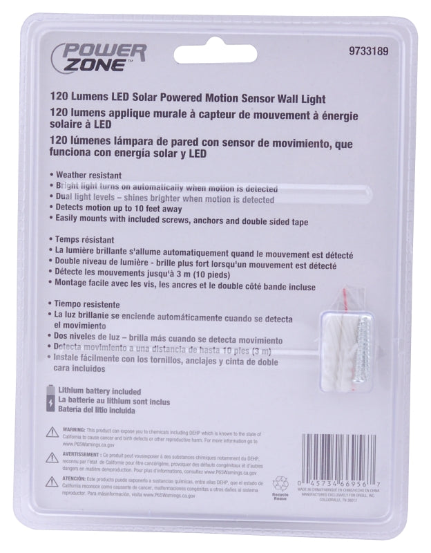 PowerZone 12539 Solar Powered Motion Sensor Wall Light, Lithium Battery, 16-Lamp, LED Lamp, ABS/PS Fixture, Black