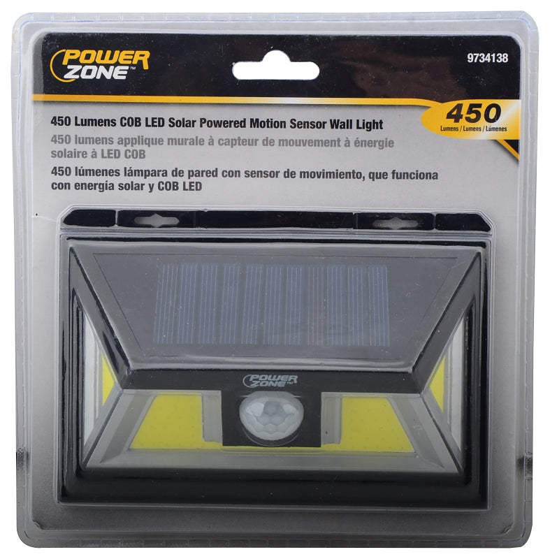 PowerZone 12452 Solar Powered Motion Sensor Wall Light, Lithium Battery, 1-Lamp, COB LED Lamp, ABS/PS Fixture, Black