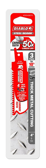 Diablo DS0408CF3 Series Reciprocating Saw Blade, Applicable Materials: Metal, 4 in L, 8 TPI, Carbide Cutting Edge, 3/PK